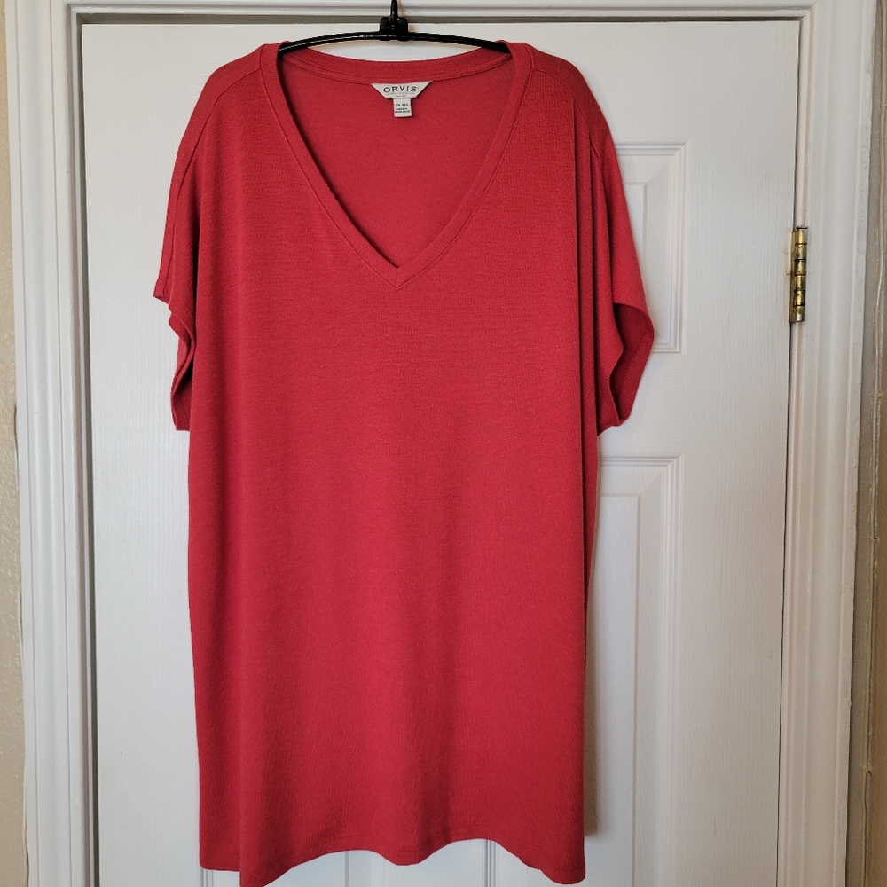 Orvis Shirt Womens XXL Short Sleeve Pullover Top Side Slits V-neck Red
